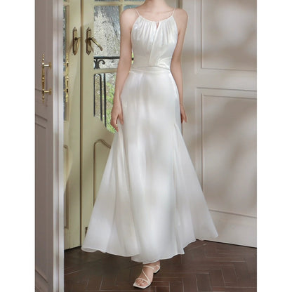 French Satin White Spaghetti Strap Gown Dress