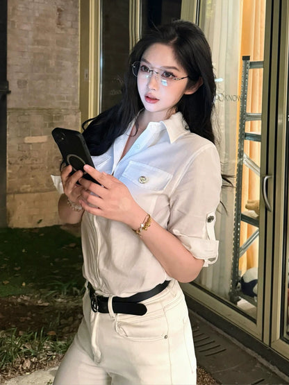 Old Money White Short Sleeve Shirt Summer Casual Slim Fit Lazy Chic Spicy Girl Top