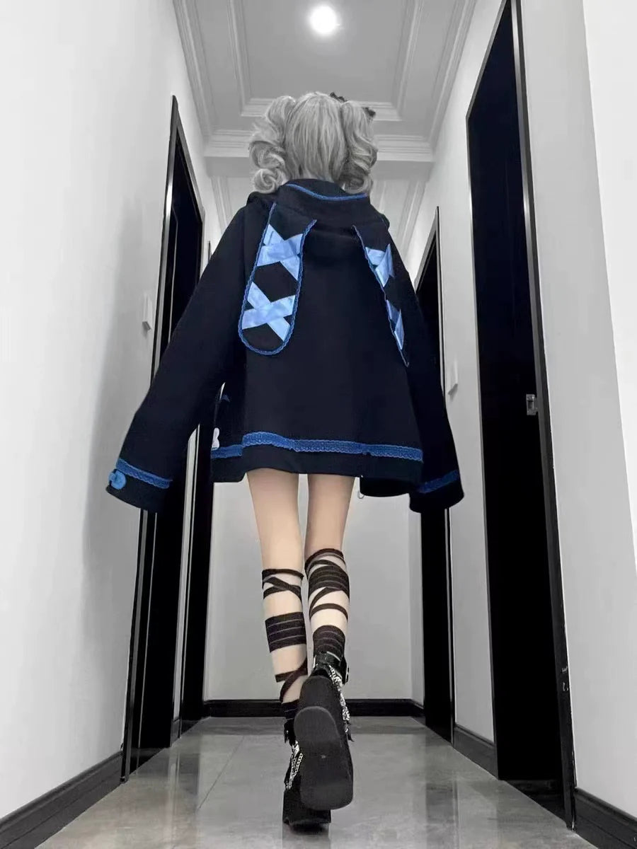 Black Y2K Punk Harajuku   Fleece-Lined Hoodie