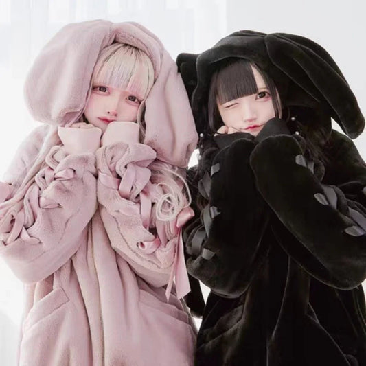 Soft Girl Bunny Ear Faux Fur Coat Y2K