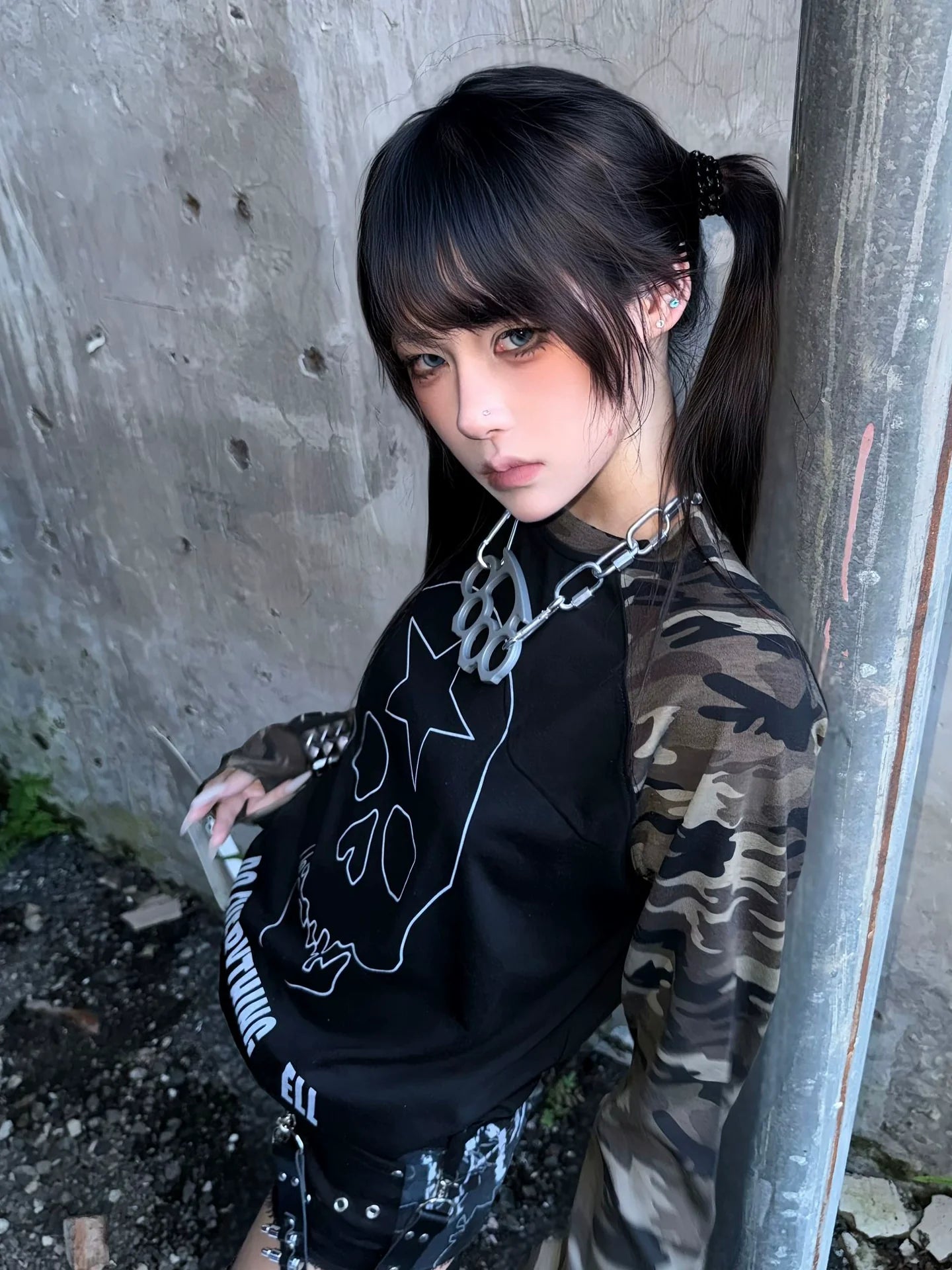 Y2K Camo Skull Long Sleeve Tee Vintage Millennium Alt Top