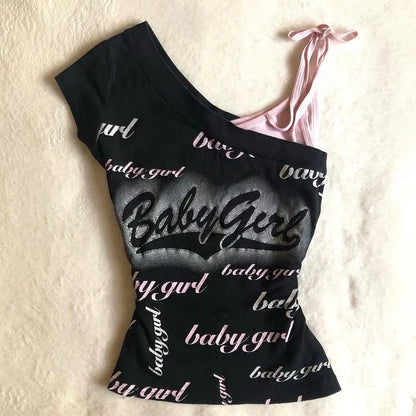 Black Subculture Y2K E-girl Abi American Retro Asymmetrical Shoulder Letter Tank Top