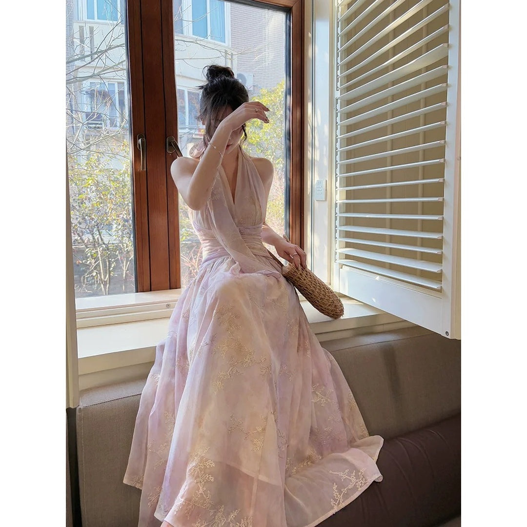 French Embroidered Floral Halter Beach Gown Dress