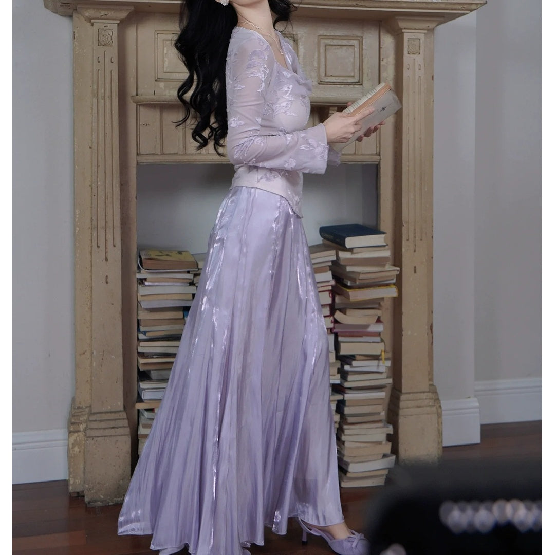 Purple V-Neck Long Sleeve Set Gown Prom Dress