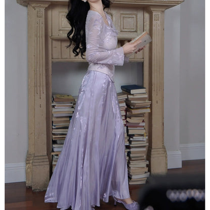 Purple V-Neck Long Sleeve Set Gown Prom Dress