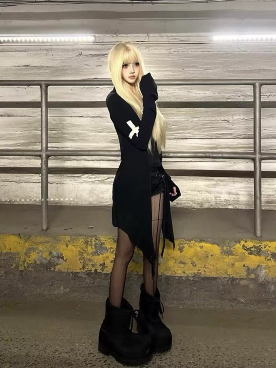 Cross Print Knit Cardigan Subculture Gothic Rock Punk Y2K E-girl Abi Mid-Length Jacket