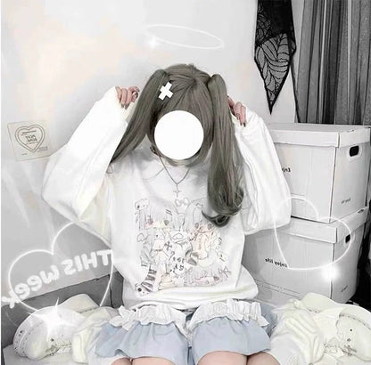 White Y2K Japanese Anime Cute Print Fleece Hoodie