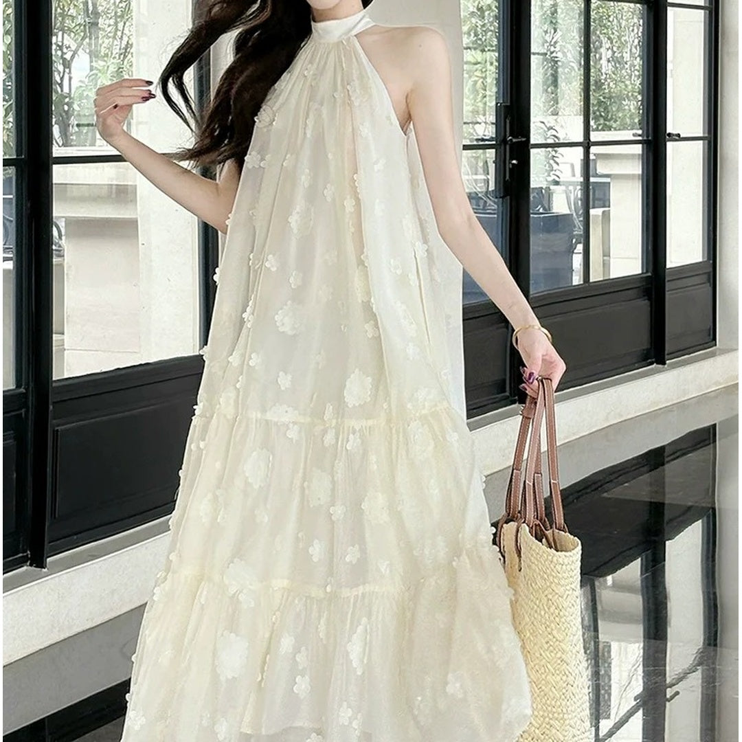 White Embroidered Halter Floral Tulle Gown Dress