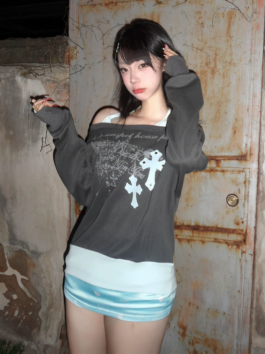 American Halter Faux-Layered Off-Shoulder Sweatshirt Cropped Y2K Top