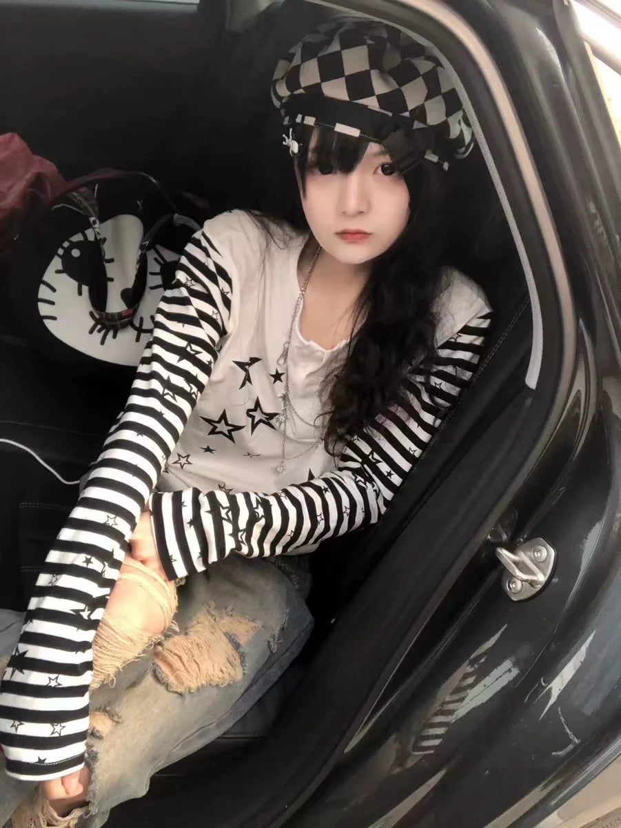 White & Plaid Rivet Skirt Set Subculture Punk Y2K Stripe Star Print Irregular Long Sleeve Top Set