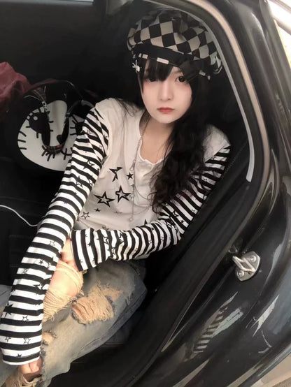 White & Plaid Rivet Skirt Set Subculture Punk Y2K Stripe Star Print Irregular Long Sleeve Top Set