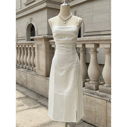 French Elegant White Spaghetti Strap Mini Gown Dress – Chic Open-Back Dress