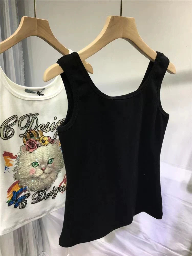 Black Punk Heavy Rhinestone Cat Y2K Tank Top