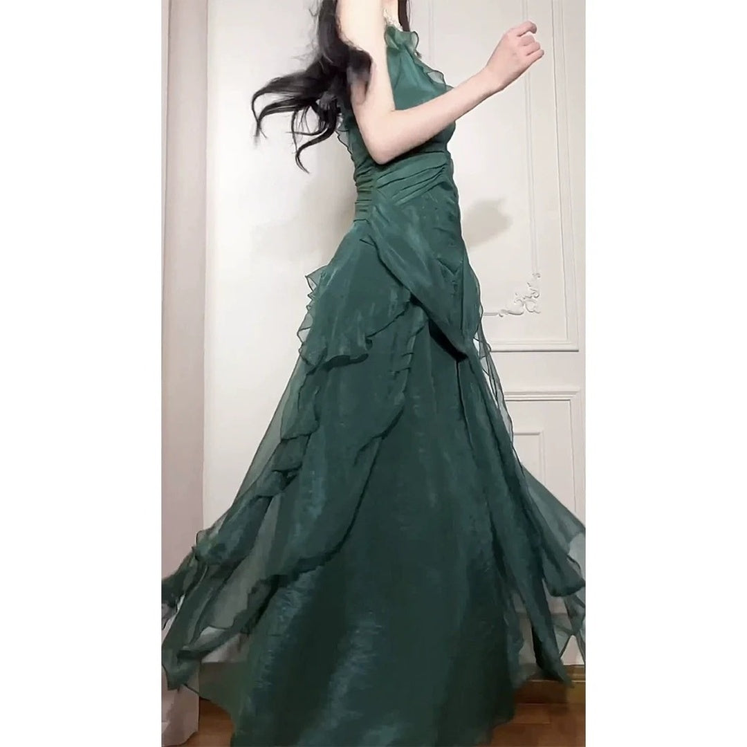 Green Design Patchwork Ruffle Spaghetti Strap Gown Dress