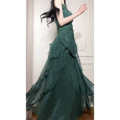 Green Design Patchwork Ruffle Spaghetti Strap Gown Dress