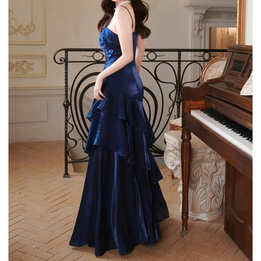 French Blue Spaghetti Strap Waist Gown Dress – Slim Fit Evening Dress