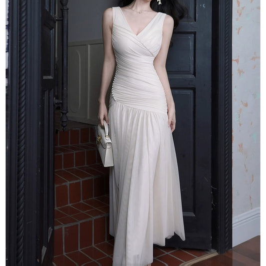 French V-Neck Asymmetrical Spaghetti Gown Dress