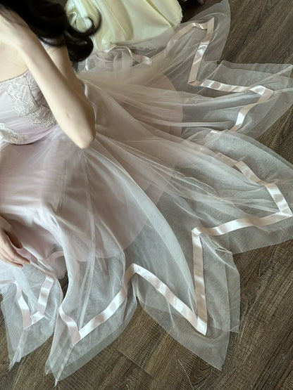 Smoky Pink Handcrafted Mesh-Lace Maxi Dress With Ribbons