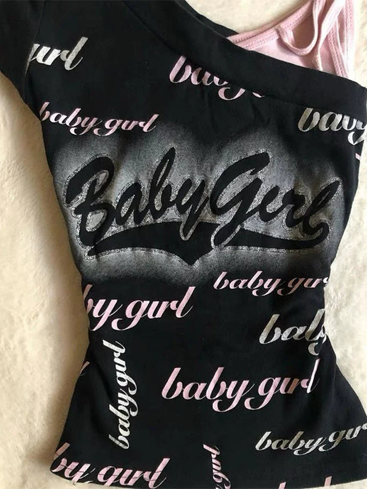Black Subculture Y2K E-girl Abi American Retro Asymmetrical Shoulder Letter Tank Top