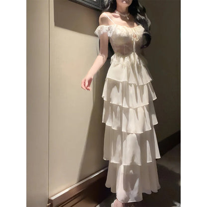 French Vintage Lace Halter Beach Gown Dress