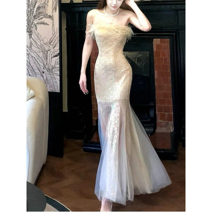 Feather Mermaid Strapless Waist Gown Dress