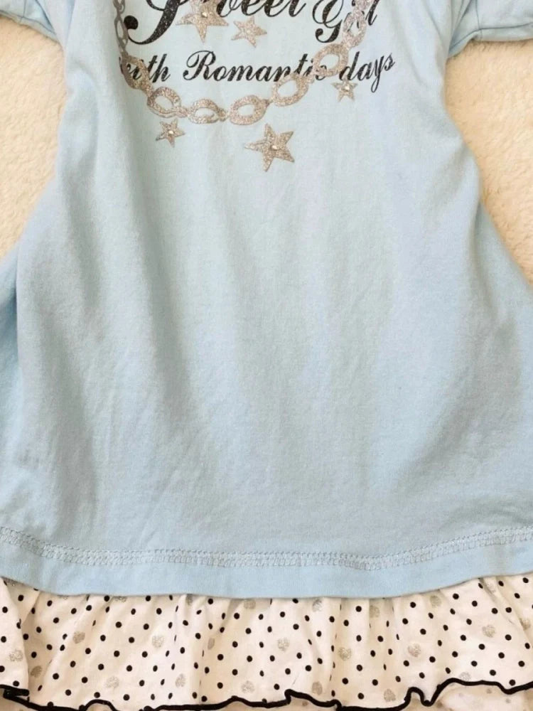 Blue Panel Polka Dot Vintage Fake Two-Piece Y2K T-Shirt