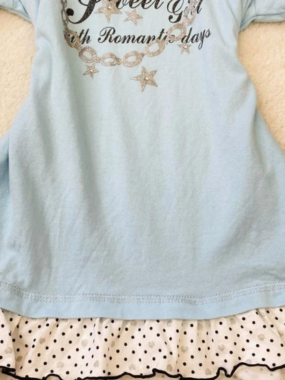 Blue Panel Polka Dot Vintage Fake Two-Piece Y2K T-Shirt