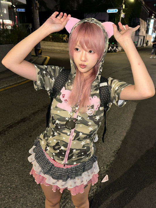 Y2K Camouflage Teddy Bear Hoodie Tee  Cropped Patch Embroidery Short Sleeve Top