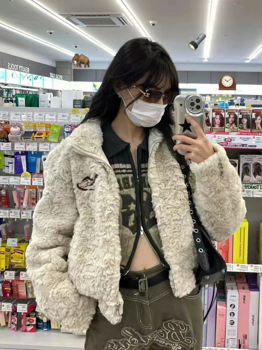 Khaki Subculture Punk Y2K E-girl Lamb Wool Embroidered Retro Moto Short Jacket (Winter)