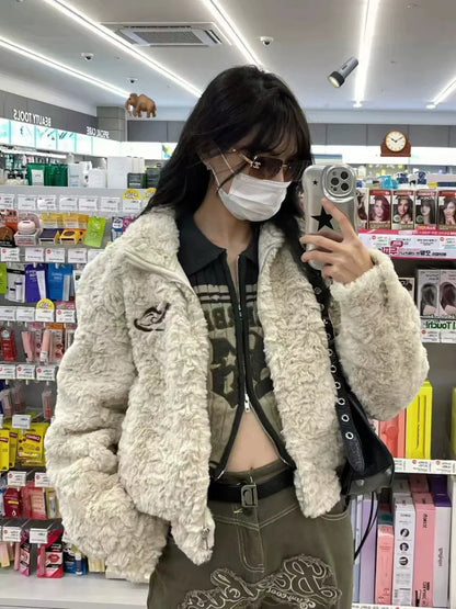 Khaki Subculture Punk Y2K E-girl Lamb Wool Embroidered Retro Moto Short Jacket (Winter)