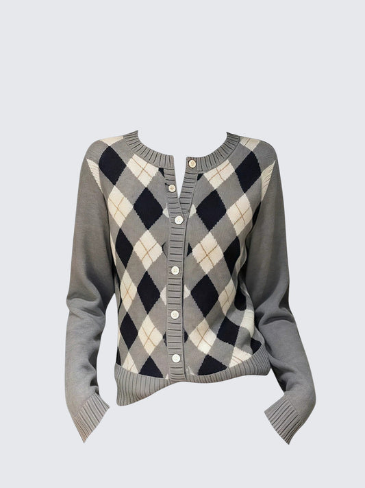 Vintage Colorblock Check Knit Cardigan