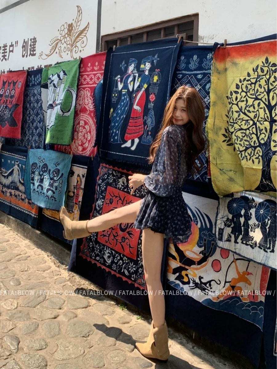 French Floral V-Neck Chiffon Long-Sleeve Waist-Cinched Mini Dress