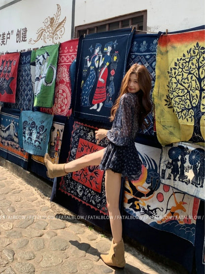 French Floral V-Neck Chiffon Long-Sleeve Waist-Cinched Mini Dress