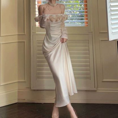 Satin Rose Embroidery Long Sleeve Gown Dress