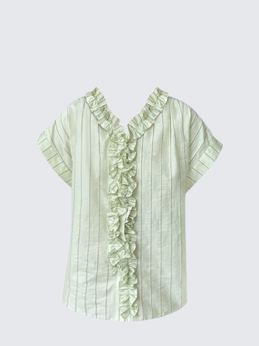 Mint Stripe Frill V-Neck Shirt