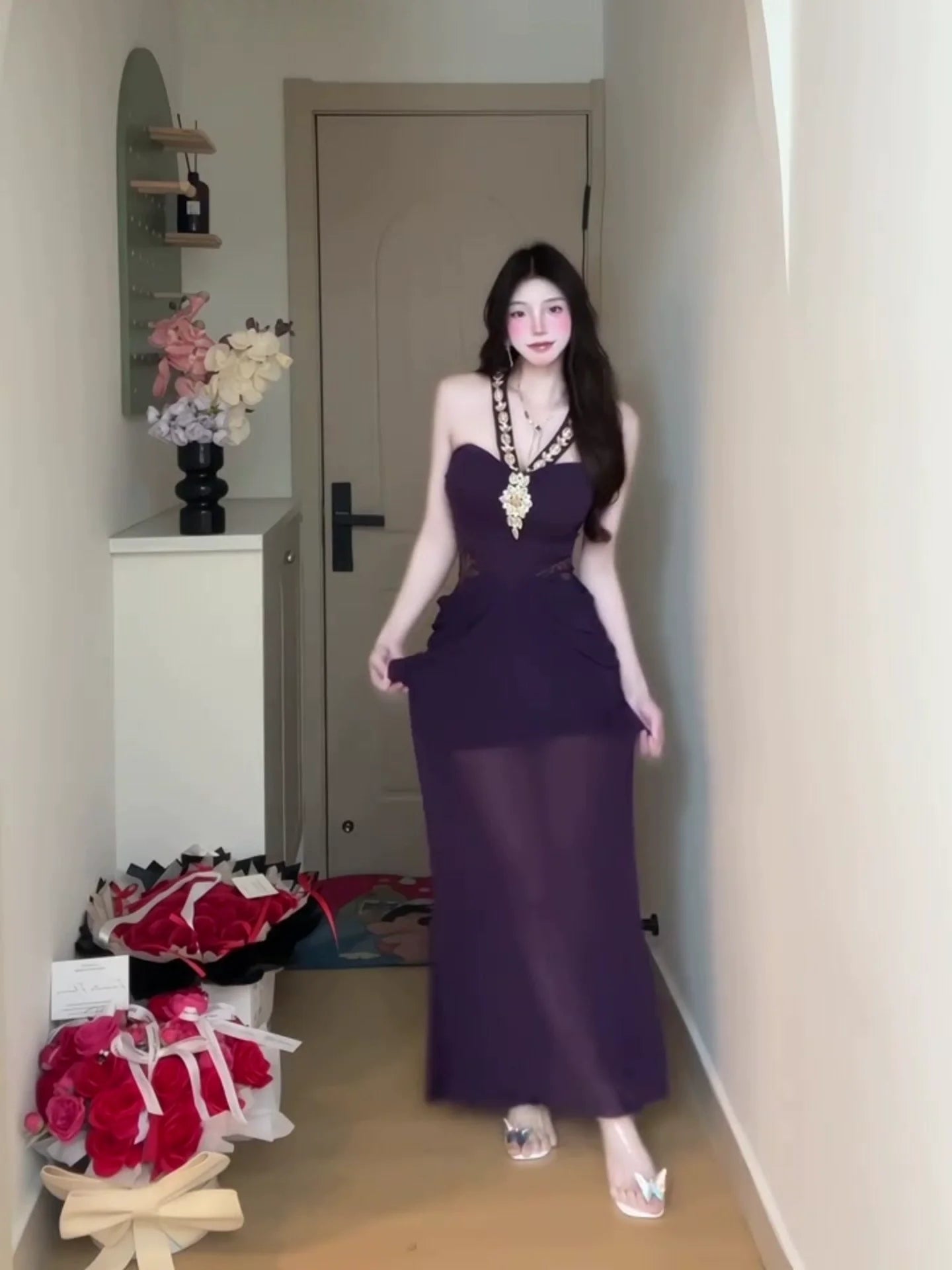 Purple Tulle-Paneled Rhinestone Halter Mermaid Maxi Dress