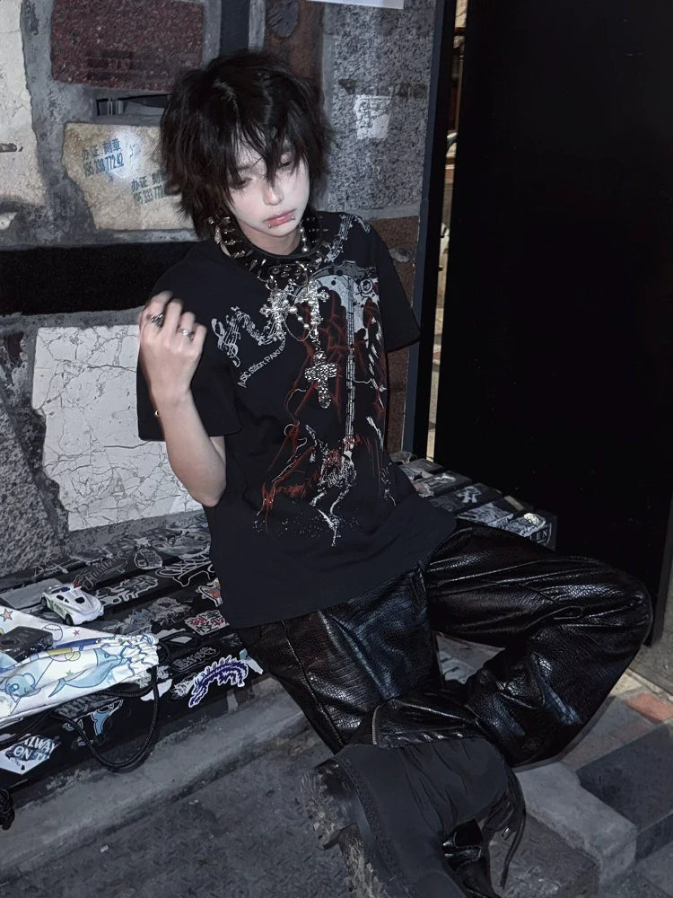 Y2K Subculture Black Polo Tee Punk Visual Kei Top