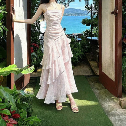 Pink Ruffle Spaghetti Gown Prom Dress