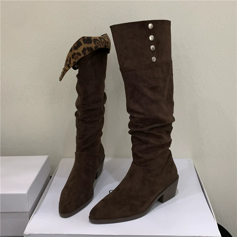 Versatile Foldable Slouchy Leopard Print Suede Retro Chunky Heel Western Knee High Women's Boots