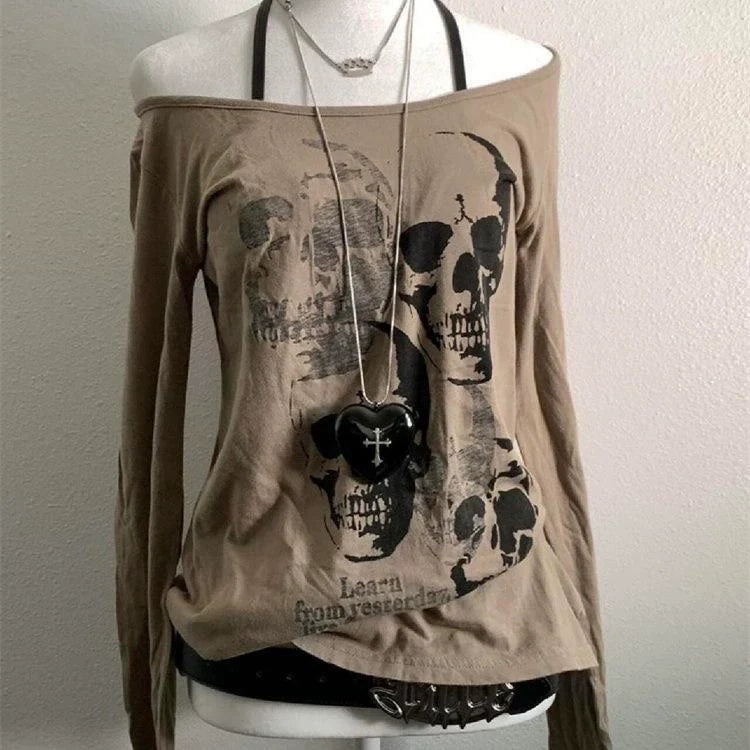 Brown Vintage Skull Off-The-Shoulder Fitted Y2K T-Shirt