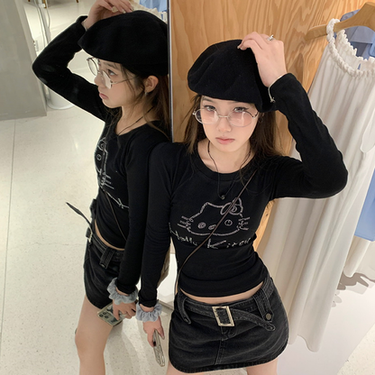 Black Subculture Y2K E-girl Hello Kitty Rhinestone Slim Versatile Short Top