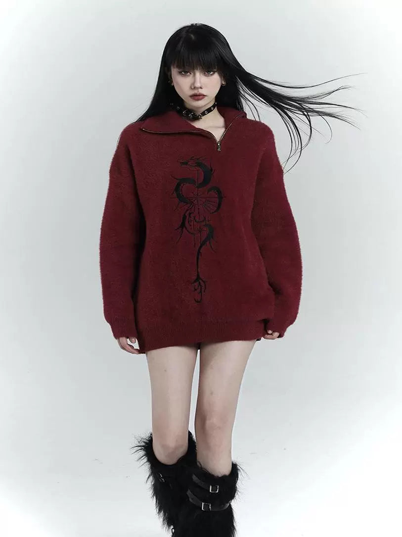 Red Y2K Retro Half-Zip Sweater