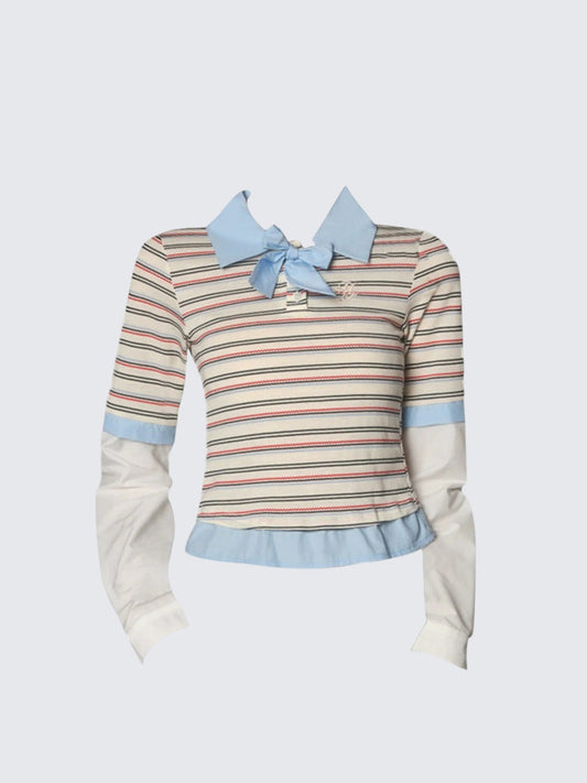 Korean Faux Two-Piece Striped Collar Knit