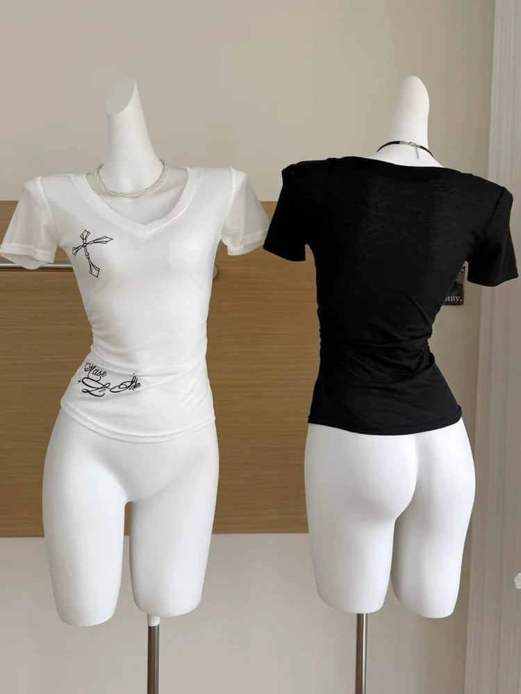 Black Subculture Y2K E-girl Abi American Retro Cross & Letter Print Short Sleeve Top