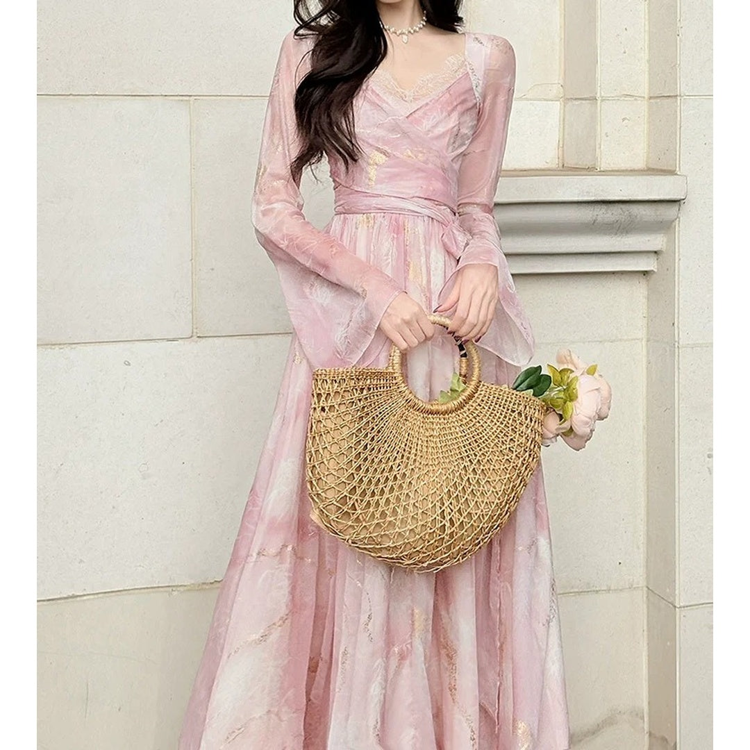 Pink Floral Chiffon Gown Prom Dress