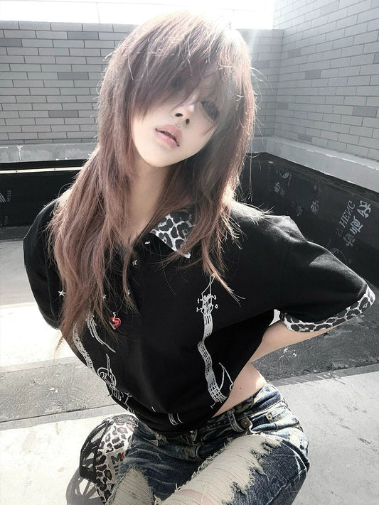 Y2K Leopard Patch Polo Tee