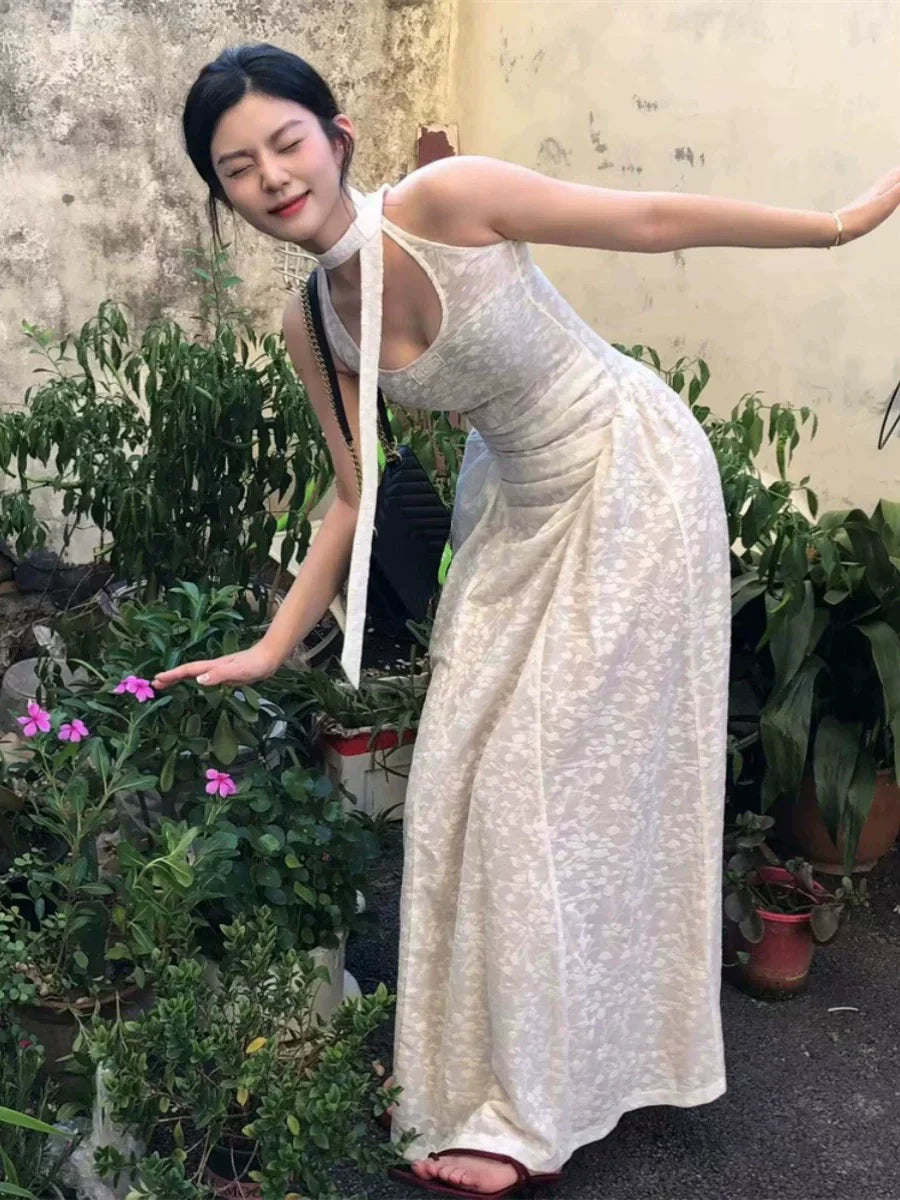 White Sheer Jacquard Halter Floral Layered Maxidress