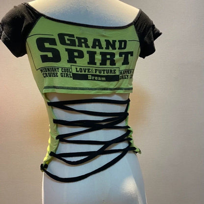 Vintage Black & Green Subculture Punk Y2K E-girl Retro Letter Print Slim Sexy Short Sleeve Top