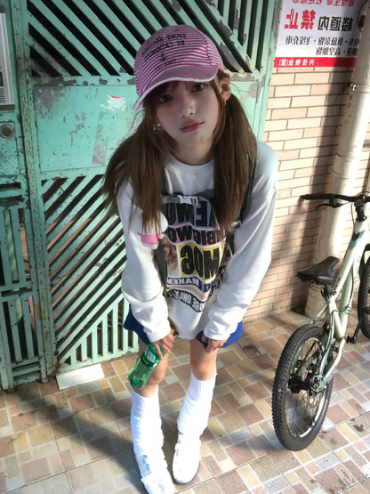 Retro Letter Print Long Sleeve T Shirt Loose Fit Couple Top