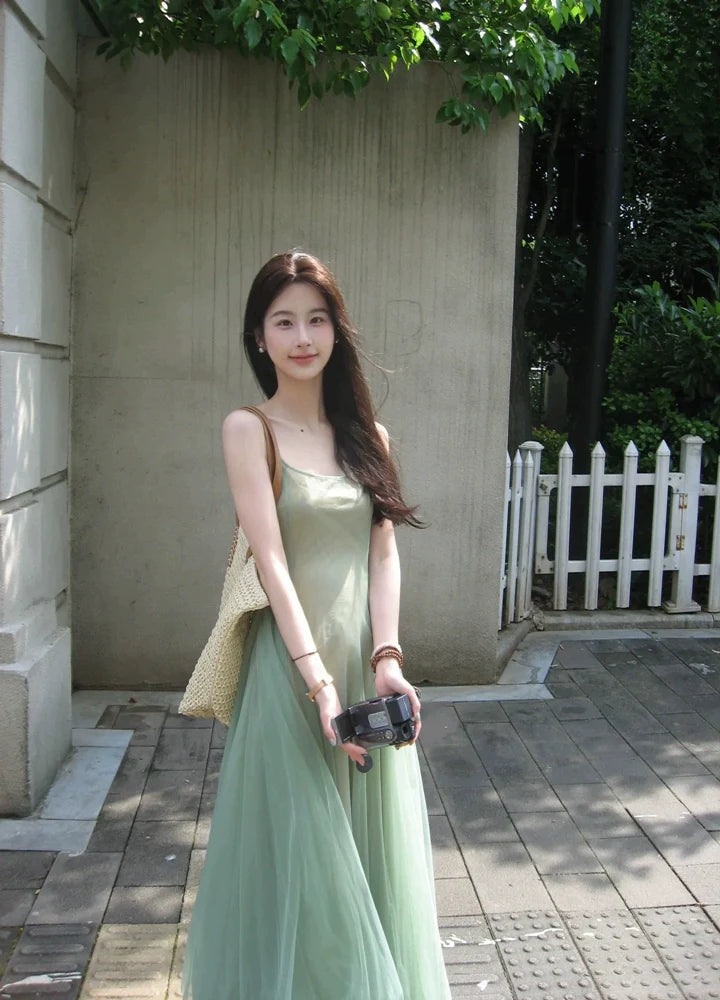 Green Mesh Two-Piece Camisole Maxi Dress